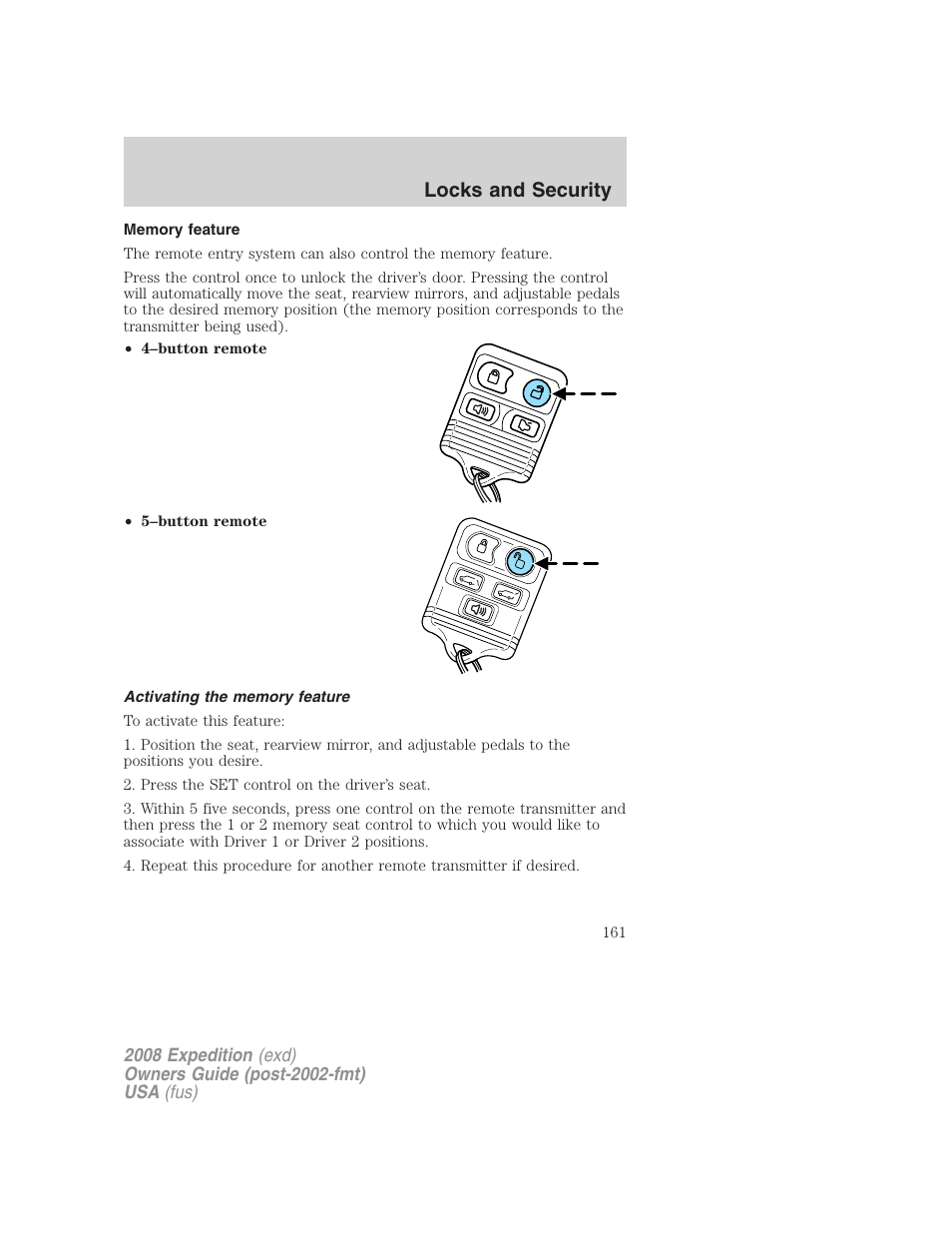 Memory feature, Activating the memory feature, Locks and security | FORD 2008 Expedition v.1 User Manual | Page 161 / 392