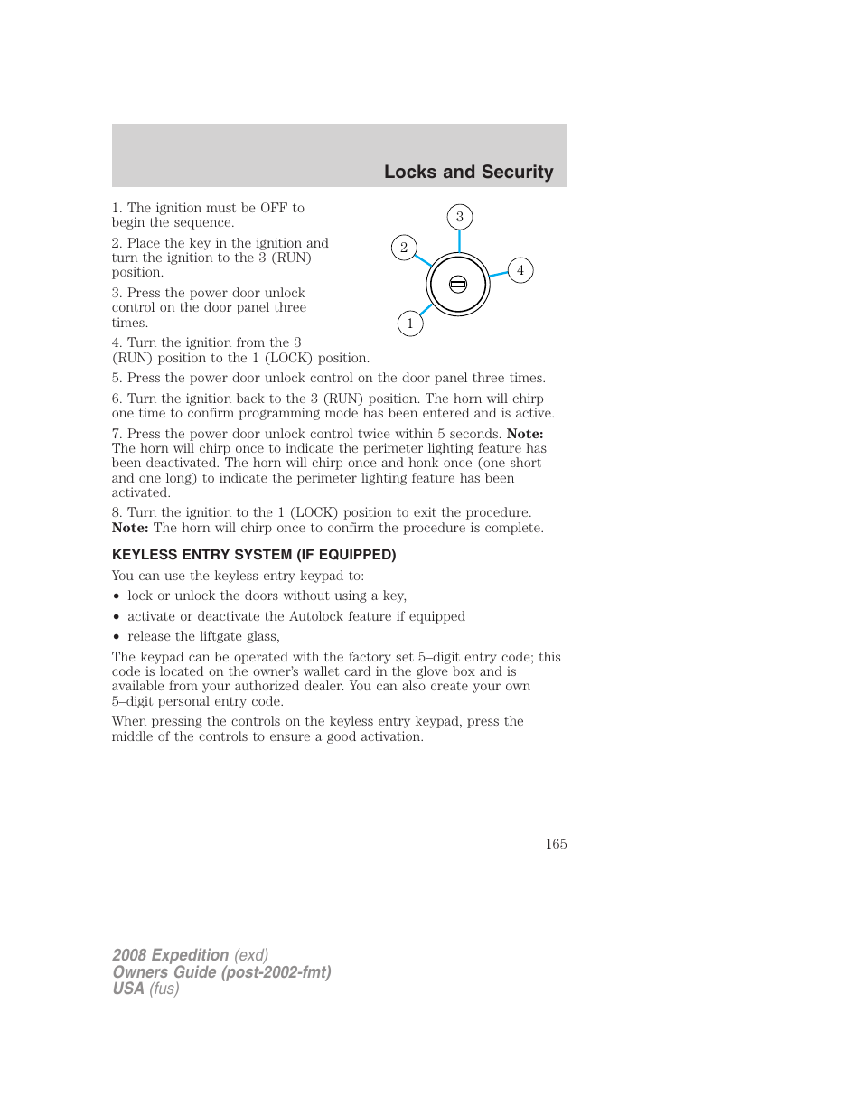 Keyless entry system (if equipped), Locks and security | FORD 2008 Expedition v.1 User Manual | Page 165 / 392