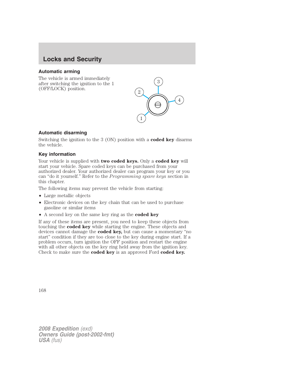 Automatic arming, Automatic disarming, Key information | Locks and security | FORD 2008 Expedition v.1 User Manual | Page 168 / 392