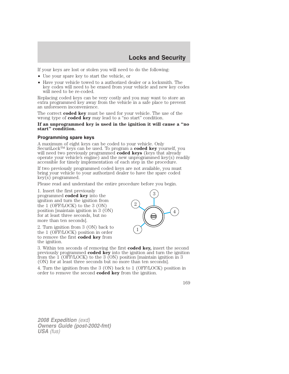 Programming spare keys, Locks and security | FORD 2008 Expedition v.1 User Manual | Page 169 / 392