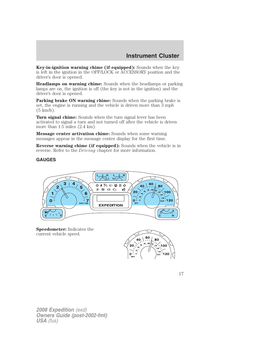 Gauges, Instrument cluster | FORD 2008 Expedition v.1 User Manual | Page 17 / 392