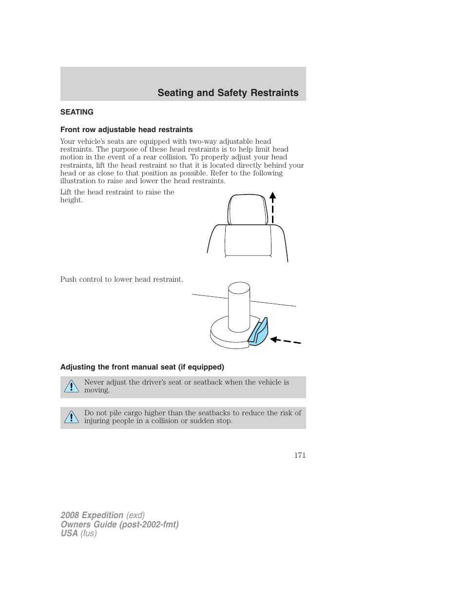 Seating and safety restraints, Seating, Front row adjustable head restraints | Adjusting the front manual seat (if equipped) | FORD 2008 Expedition v.1 User Manual | Page 171 / 392