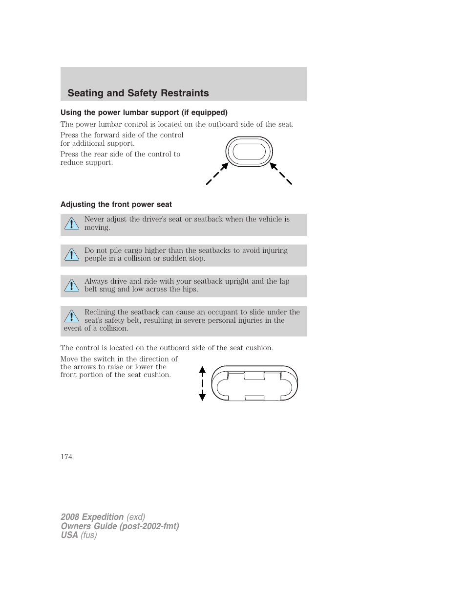 Using the power lumbar support (if equipped), Adjusting the front power seat, Seating and safety restraints | FORD 2008 Expedition v.1 User Manual | Page 174 / 392