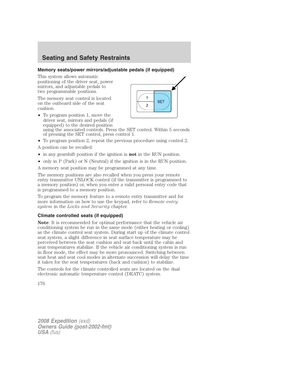 Climate controlled seats (if equipped), Seating and safety restraints | FORD 2008 Expedition v.1 User Manual | Page 176 / 392