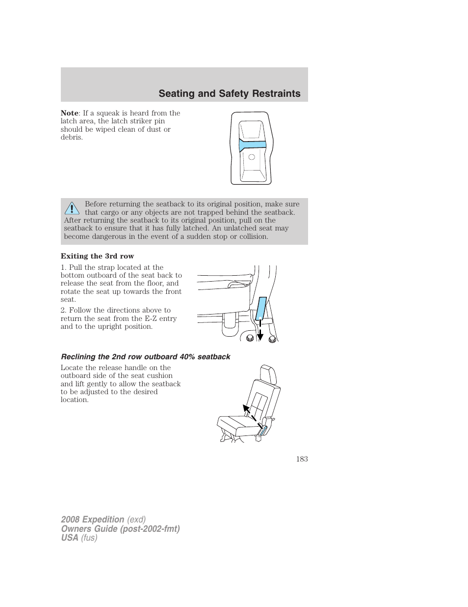 Reclining the 2nd row outboard 40% seatback, Seating and safety restraints | FORD 2008 Expedition v.1 User Manual | Page 183 / 392