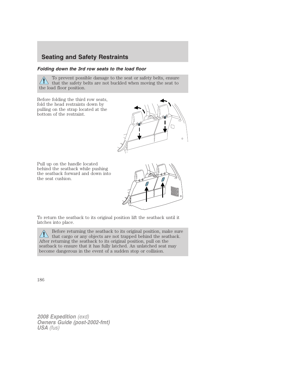 Folding down the 3rd row seats to the load floor, Seating and safety restraints | FORD 2008 Expedition v.1 User Manual | Page 186 / 392