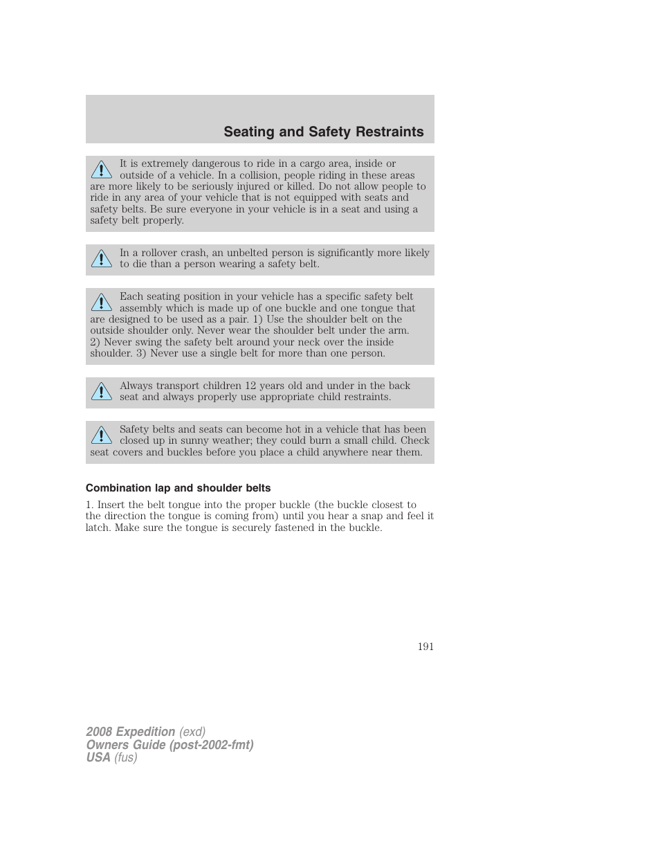 Combination lap and shoulder belts, Seating and safety restraints | FORD 2008 Expedition v.1 User Manual | Page 191 / 392