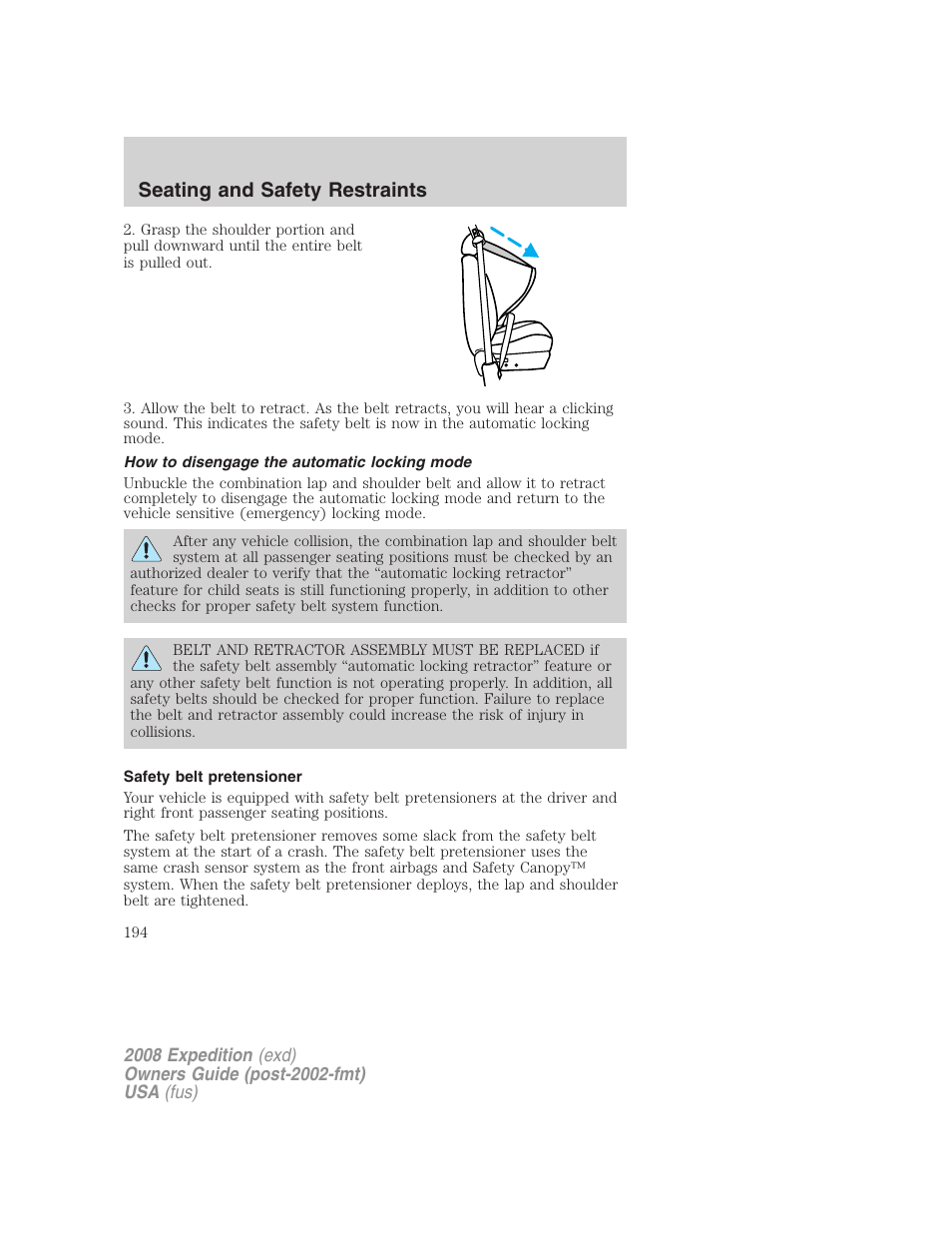 How to disengage the automatic locking mode, Safety belt pretensioner, Seating and safety restraints | FORD 2008 Expedition v.1 User Manual | Page 194 / 392