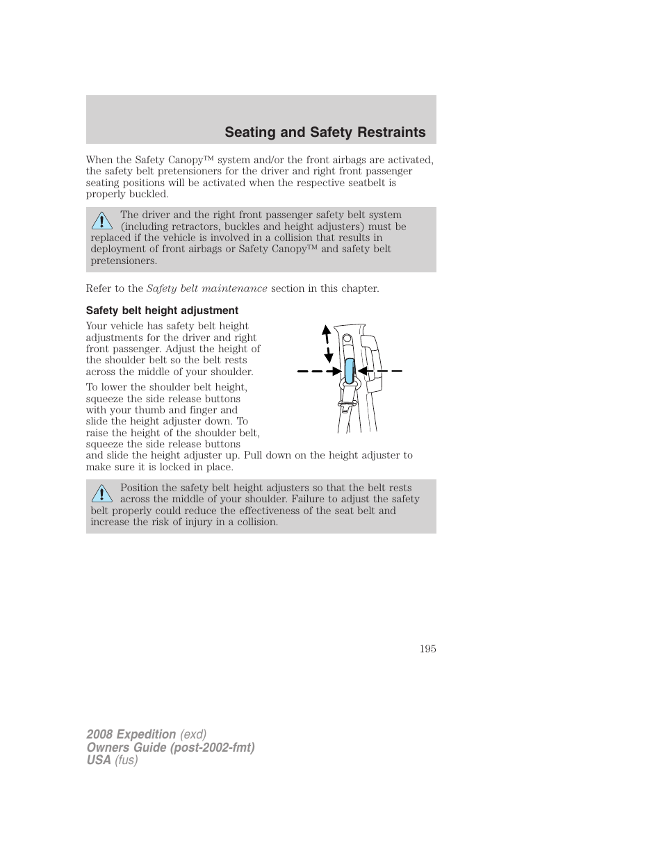 Safety belt height adjustment, Seating and safety restraints | FORD 2008 Expedition v.1 User Manual | Page 195 / 392