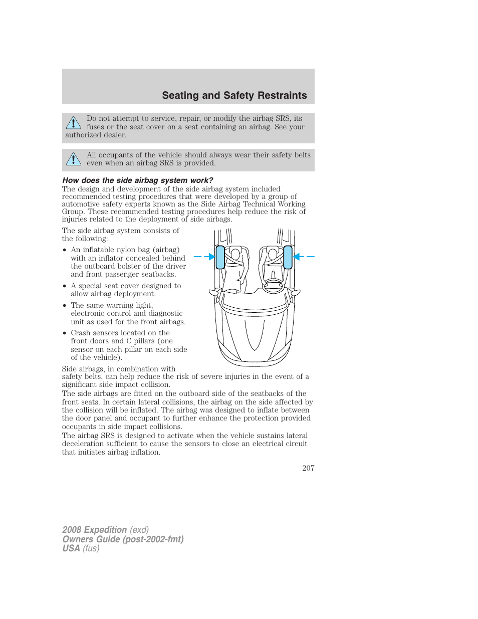 How does the side airbag system work, Seating and safety restraints | FORD 2008 Expedition v.1 User Manual | Page 207 / 392