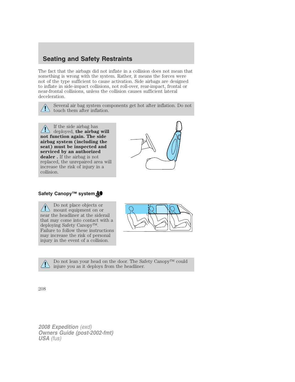 Safety canopy™ system, Seating and safety restraints | FORD 2008 Expedition v.1 User Manual | Page 208 / 392