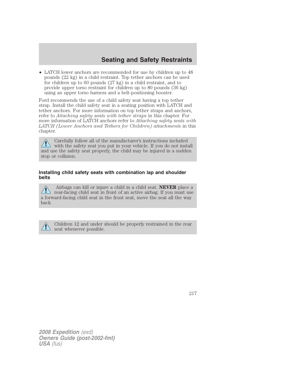 Seating and safety restraints | FORD 2008 Expedition v.1 User Manual | Page 217 / 392