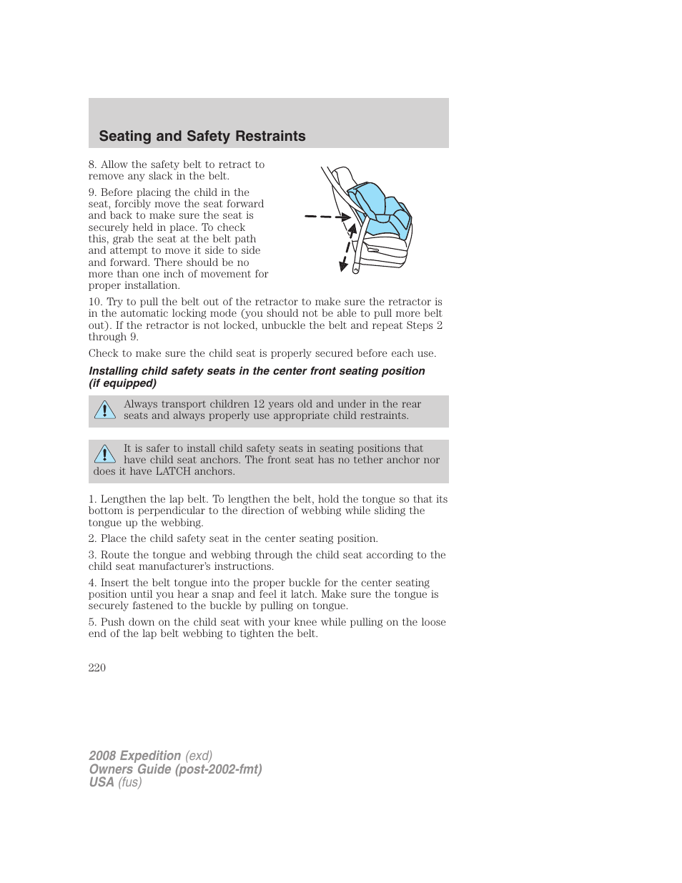 Seating and safety restraints | FORD 2008 Expedition v.1 User Manual | Page 220 / 392