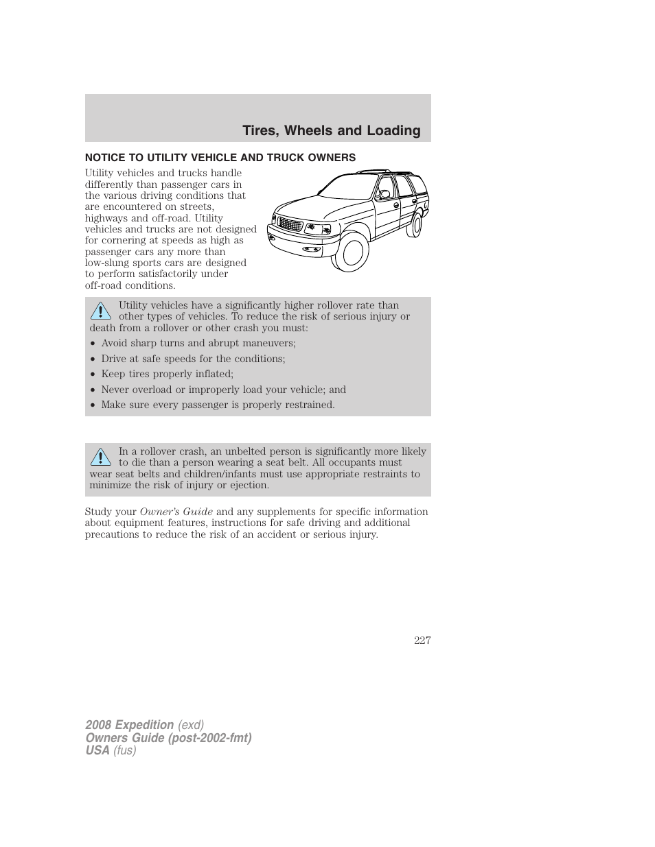 Tires, wheels and loading, Notice to utility vehicle and truck owners | FORD 2008 Expedition v.1 User Manual | Page 227 / 392