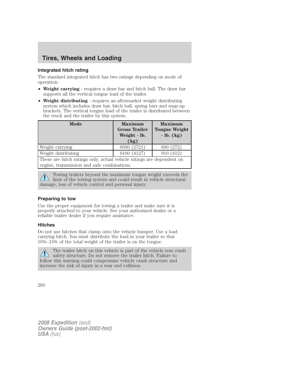Integrated hitch rating, Preparing to tow, Hitches | Tires, wheels and loading | FORD 2008 Expedition v.1 User Manual | Page 260 / 392