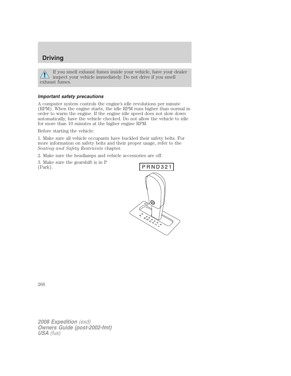 Important safety precautions, Driving | FORD 2008 Expedition v.1 User Manual | Page 266 / 392