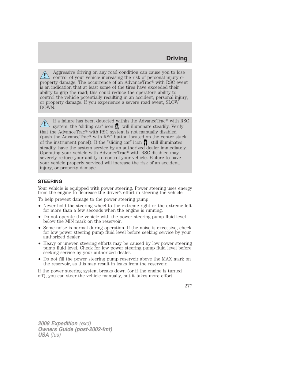 Steering, Driving | FORD 2008 Expedition v.1 User Manual | Page 277 / 392