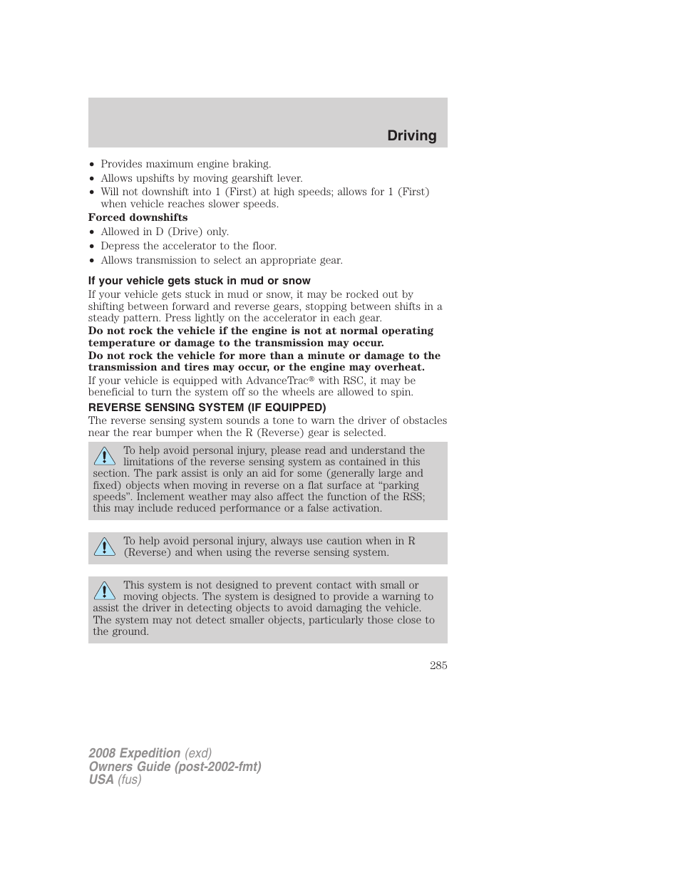 If your vehicle gets stuck in mud or snow, Reverse sensing system (if equipped), Driving | FORD 2008 Expedition v.1 User Manual | Page 285 / 392