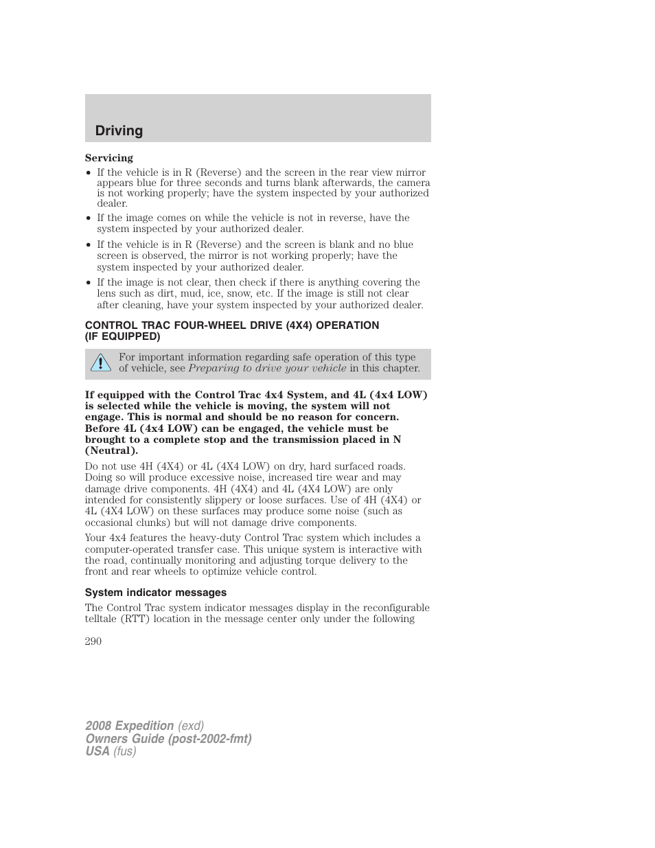 System indicator messages, Driving | FORD 2008 Expedition v.1 User Manual | Page 290 / 392