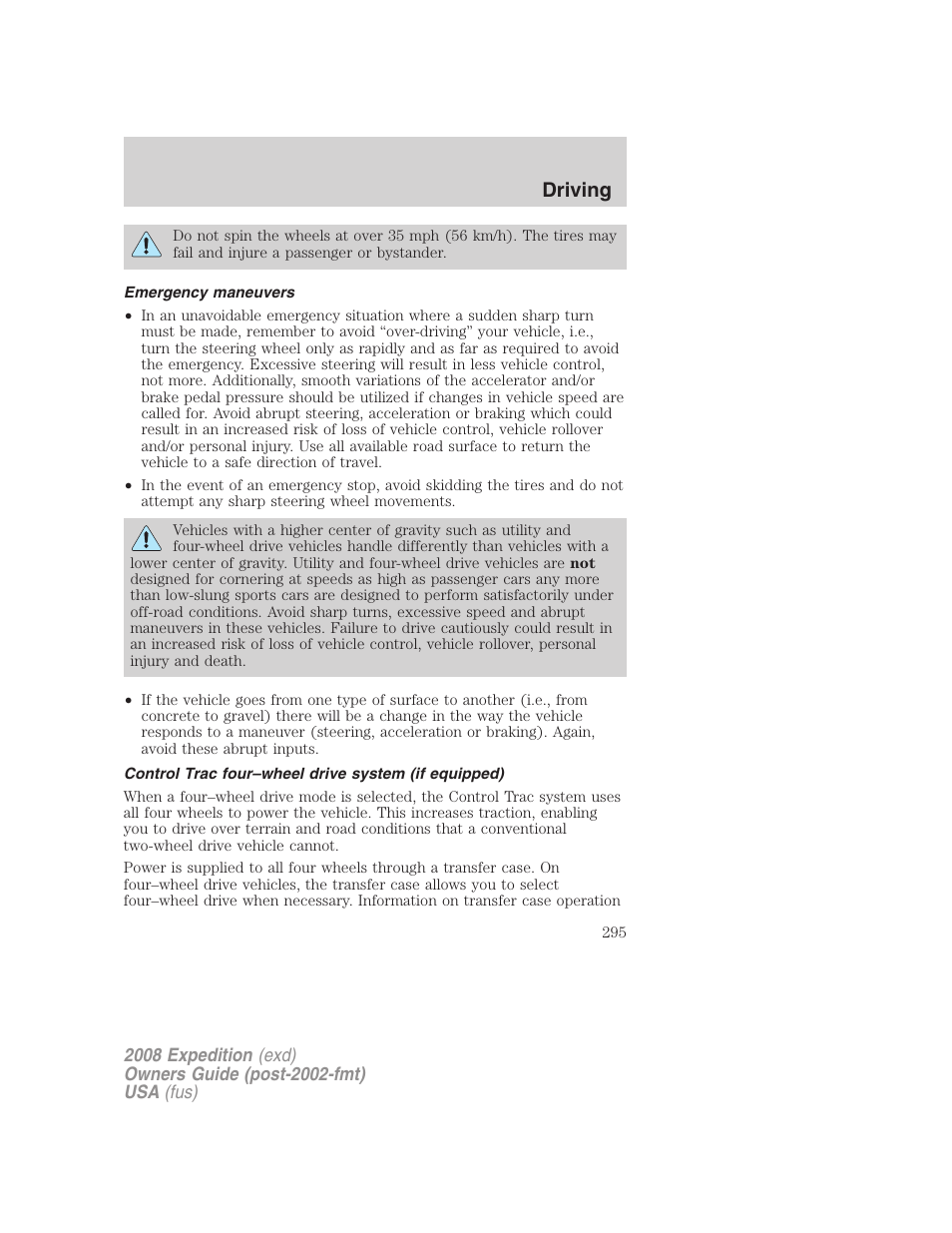 Emergency maneuvers, Control trac four–wheel drive system (if equipped), Driving | FORD 2008 Expedition v.1 User Manual | Page 295 / 392