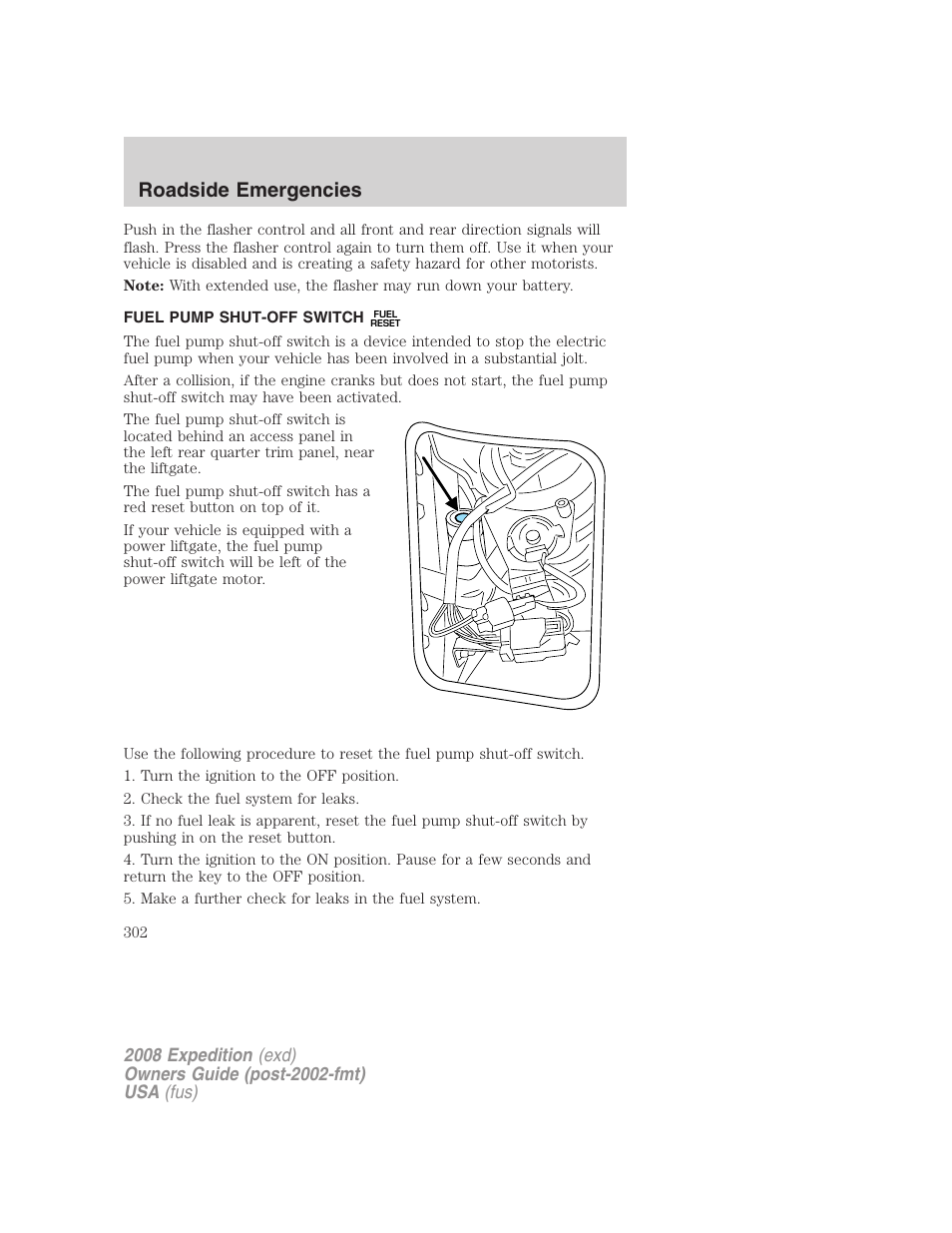 Fuel pump shut-off switch, Roadside emergencies | FORD 2008 Expedition v.1 User Manual | Page 302 / 392