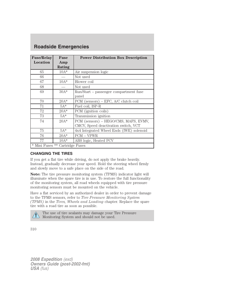 Changing the tires, Changing tires, Roadside emergencies | FORD 2008 Expedition v.1 User Manual | Page 310 / 392