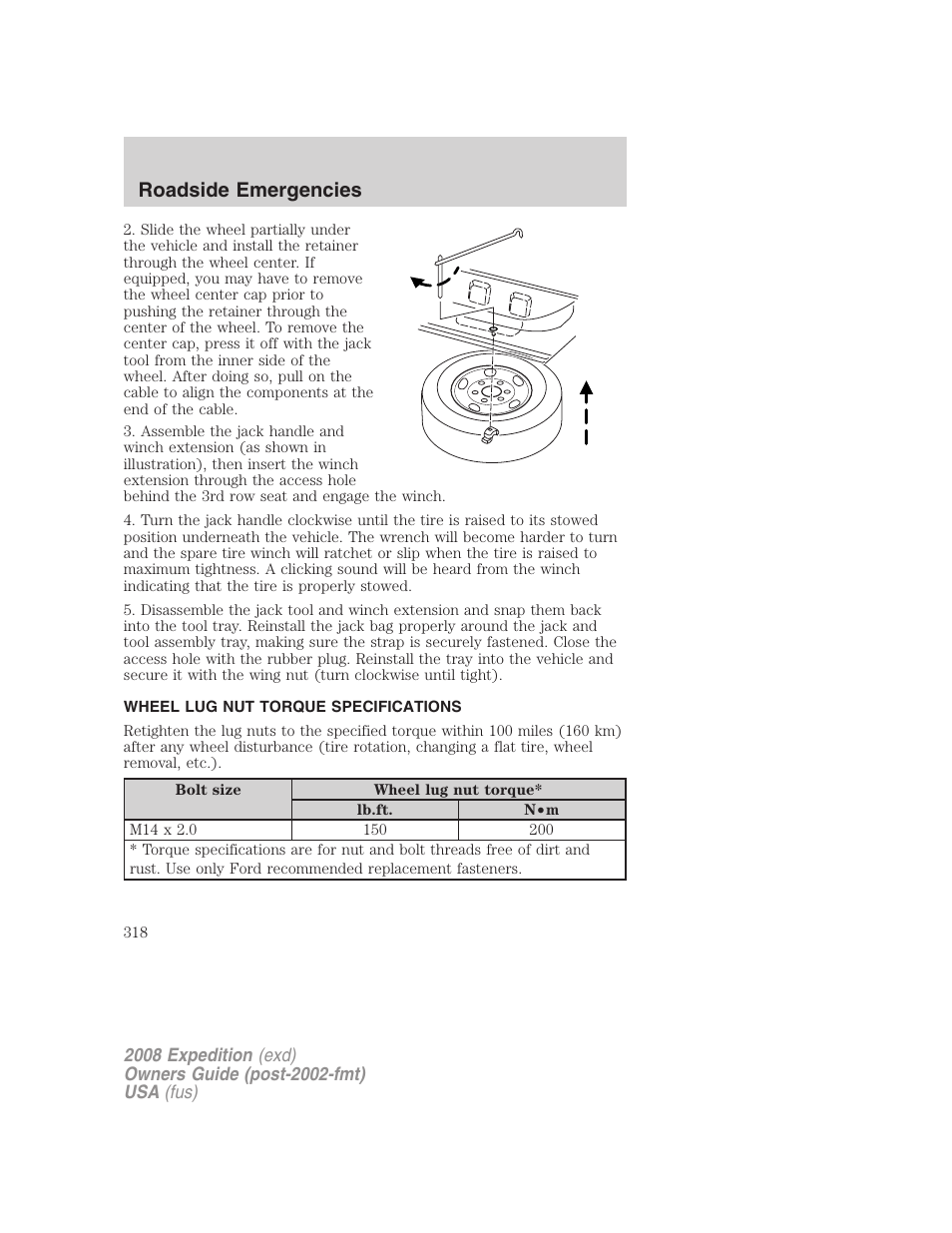 Wheel lug nut torque specifications, Lug nut torque, Roadside emergencies | FORD 2008 Expedition v.1 User Manual | Page 318 / 392