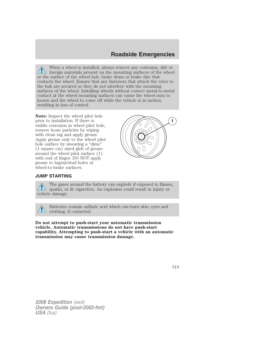 Jump starting, Roadside emergencies | FORD 2008 Expedition v.1 User Manual | Page 319 / 392