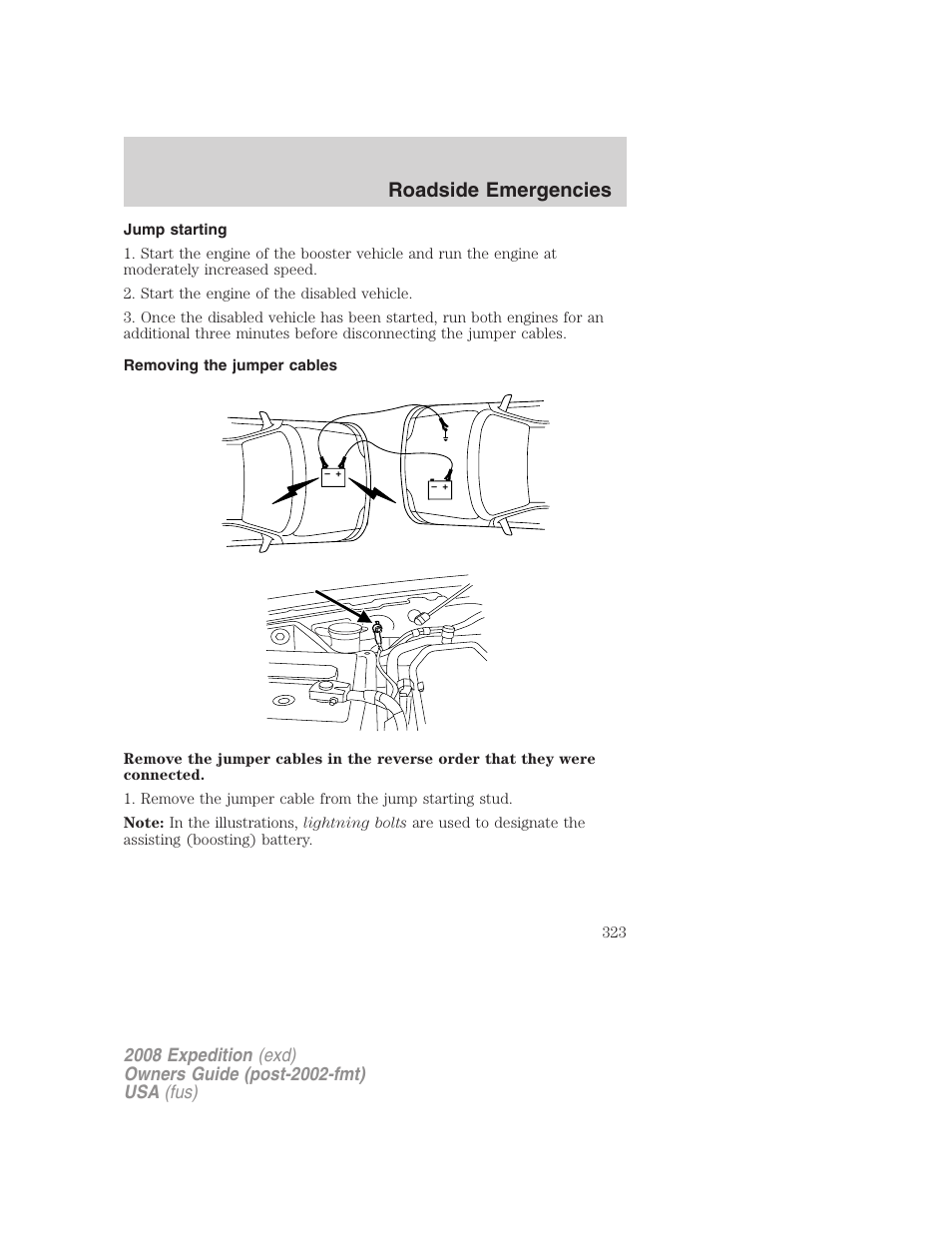 Jump starting, Removing the jumper cables, Roadside emergencies | FORD 2008 Expedition v.1 User Manual | Page 323 / 392