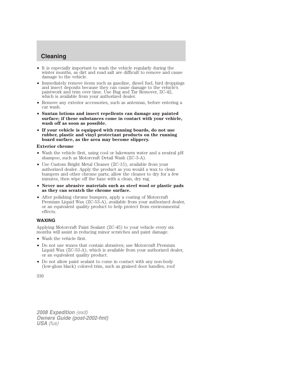 Waxing, Cleaning | FORD 2008 Expedition v.1 User Manual | Page 336 / 392