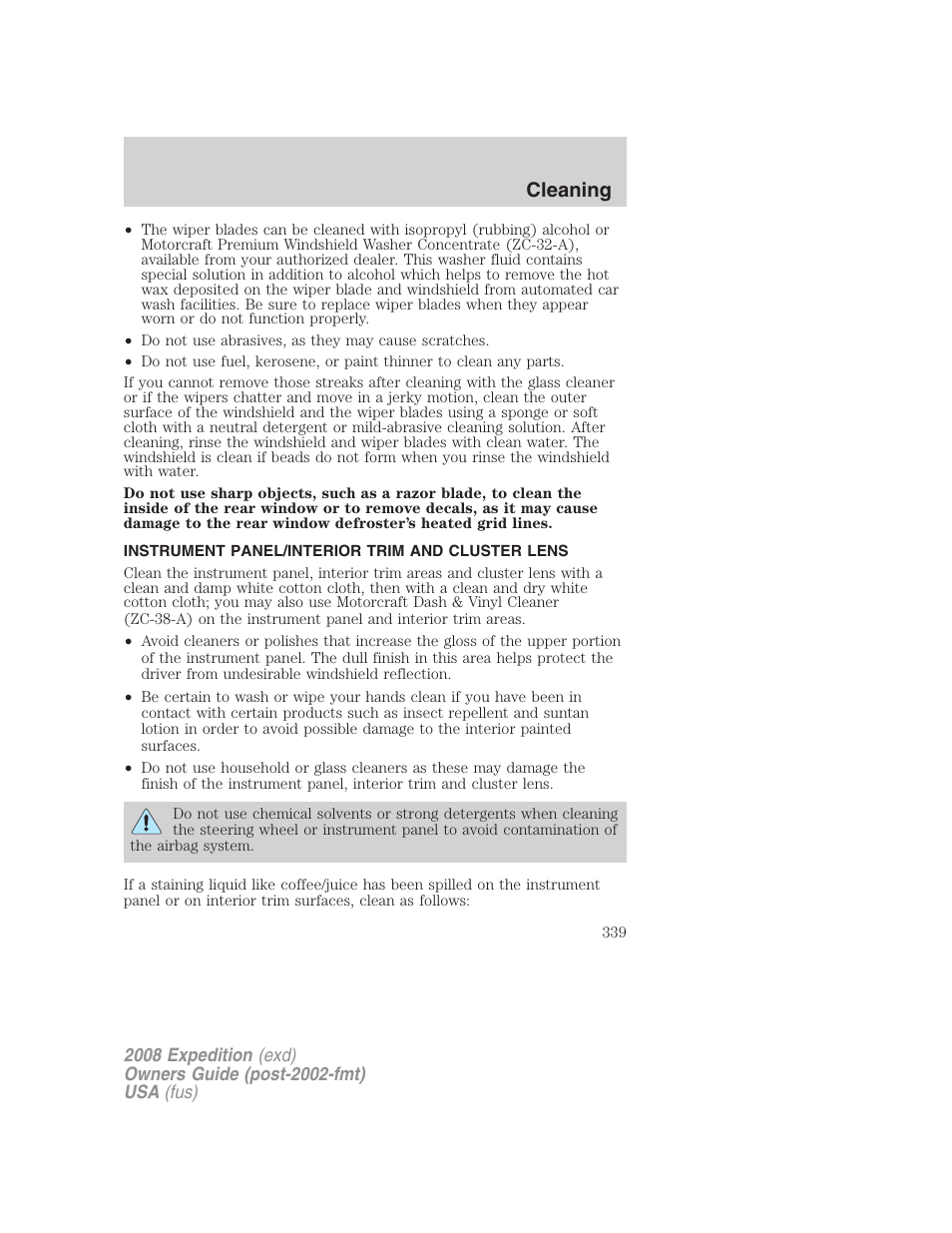 Instrument panel/interior trim and cluster lens, Cleaning | FORD 2008 Expedition v.1 User Manual | Page 339 / 392