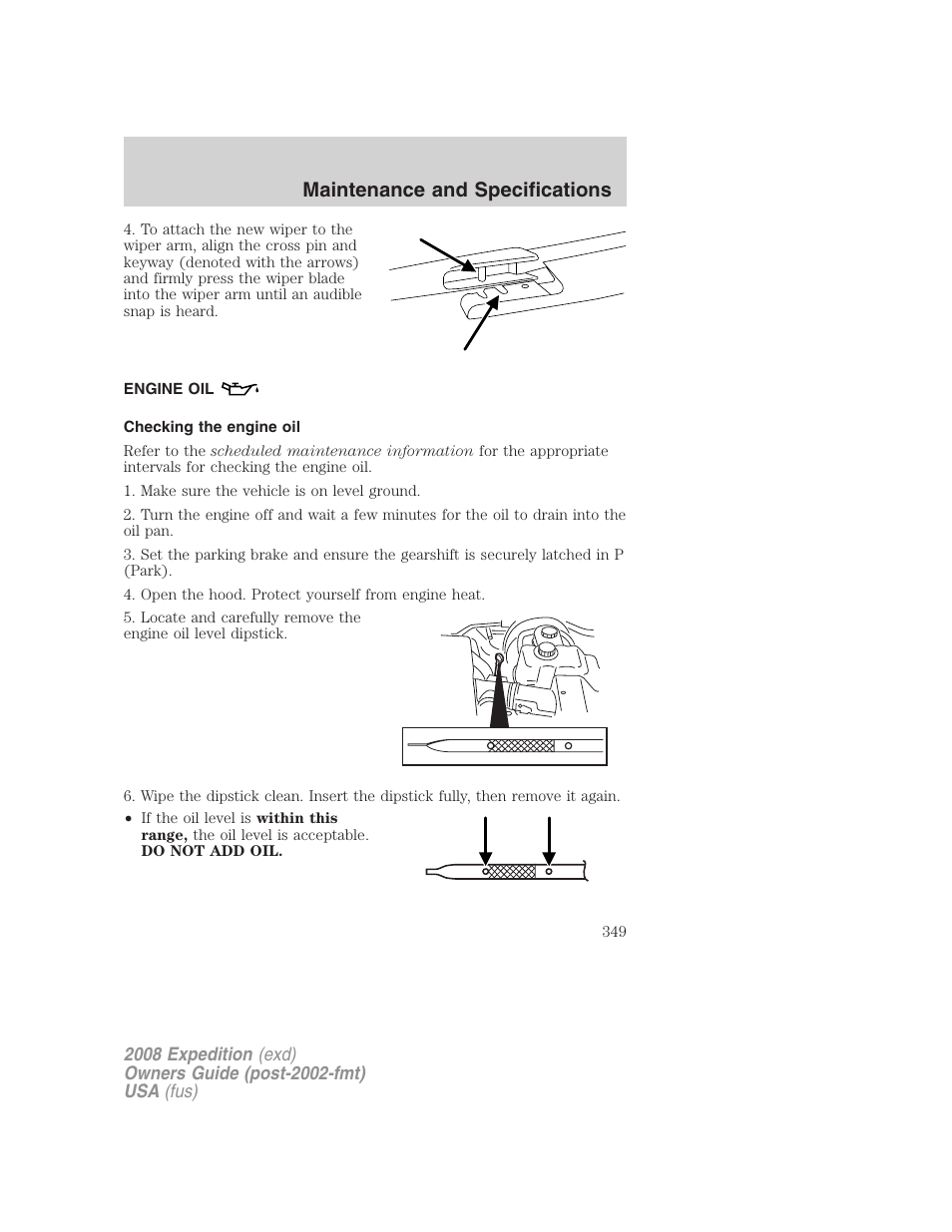 Engine oil, Checking the engine oil, Maintenance and specifications | FORD 2008 Expedition v.1 User Manual | Page 349 / 392