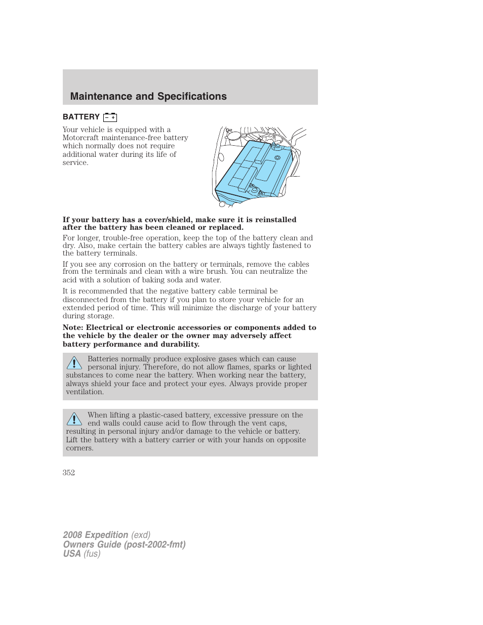 Battery, Maintenance and specifications | FORD 2008 Expedition v.1 User Manual | Page 352 / 392