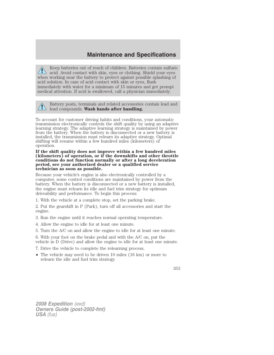 Maintenance and specifications | FORD 2008 Expedition v.1 User Manual | Page 353 / 392