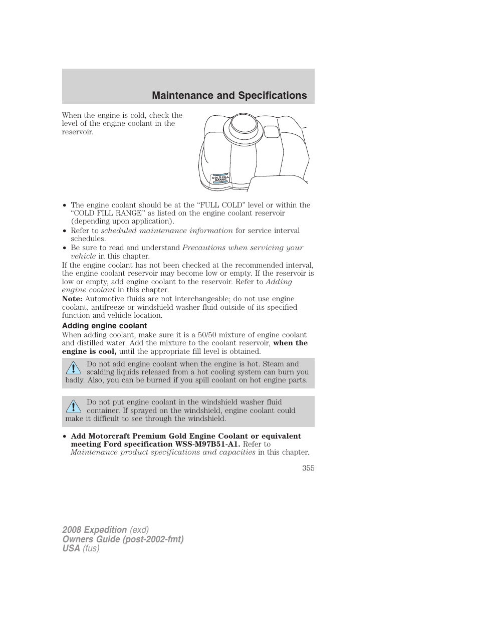 Adding engine coolant, Maintenance and specifications | FORD 2008 Expedition v.1 User Manual | Page 355 / 392