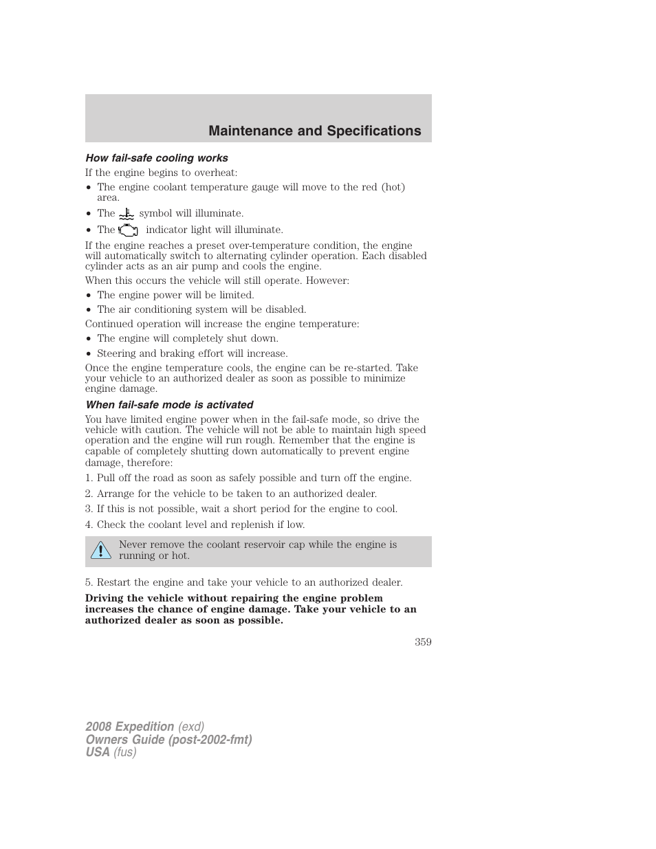 How fail-safe cooling works, When fail-safe mode is activated, Maintenance and specifications | FORD 2008 Expedition v.1 User Manual | Page 359 / 392