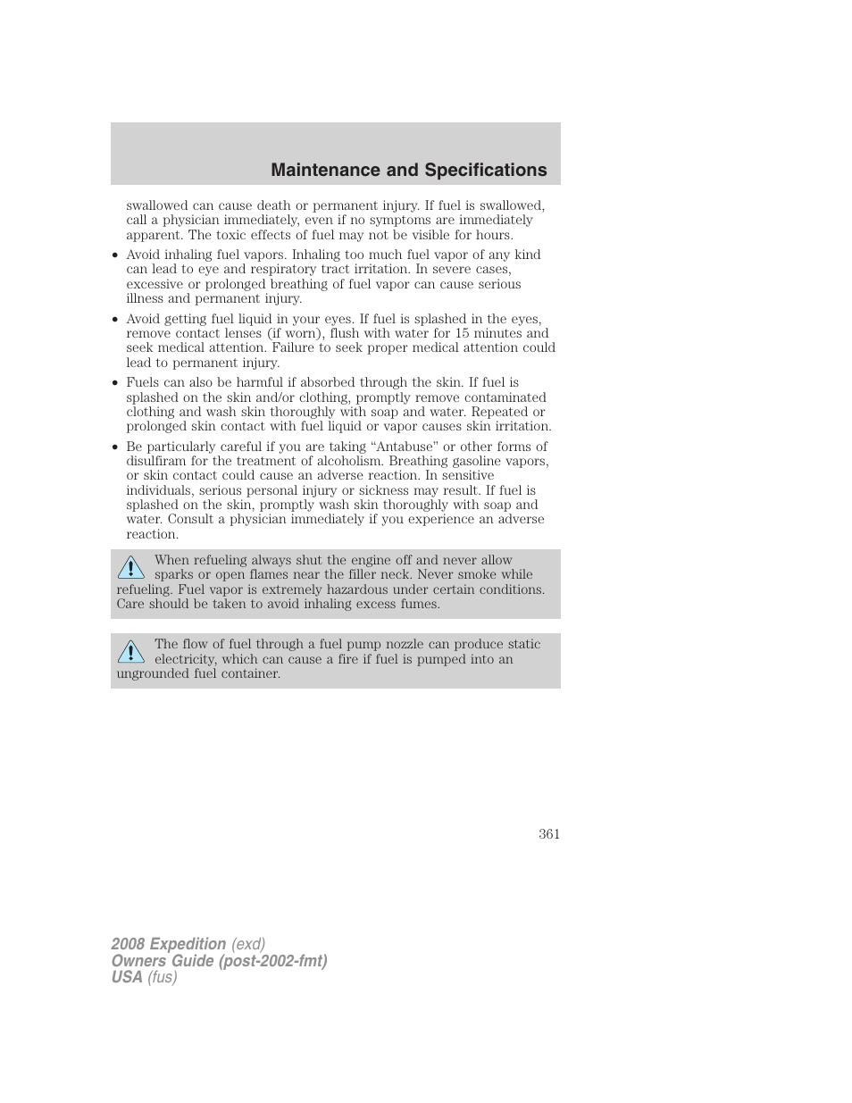 Maintenance and specifications | FORD 2008 Expedition v.1 User Manual | Page 361 / 392