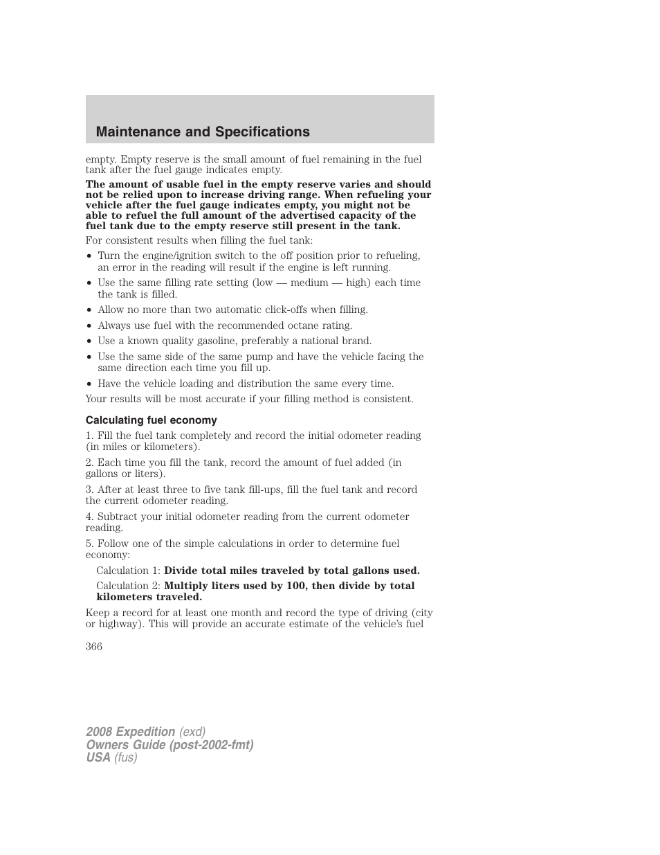 Calculating fuel economy, Maintenance and specifications | FORD 2008 Expedition v.1 User Manual | Page 366 / 392