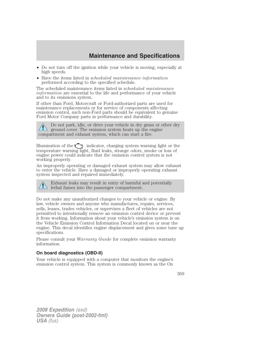 On board diagnostics (obd-ii), Maintenance and specifications | FORD 2008 Expedition v.1 User Manual | Page 369 / 392