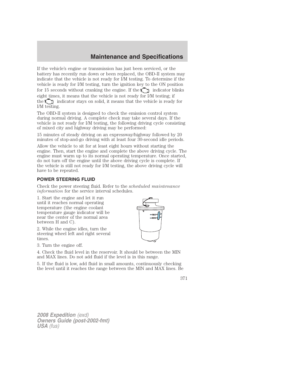 Power steering fluid, Maintenance and specifications | FORD 2008 Expedition v.1 User Manual | Page 371 / 392