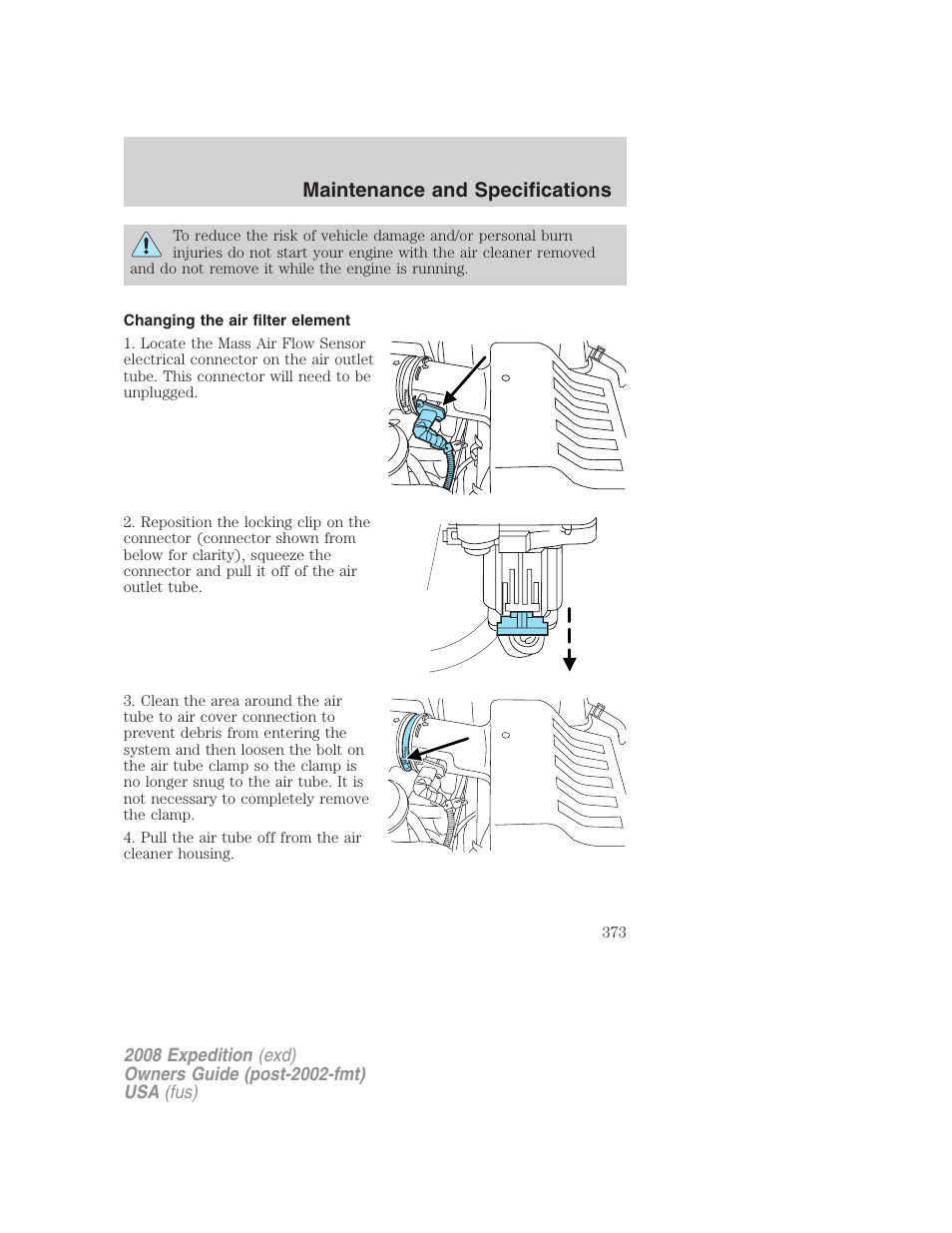 Changing the air filter element, Maintenance and specifications | FORD 2008 Expedition v.1 User Manual | Page 373 / 392