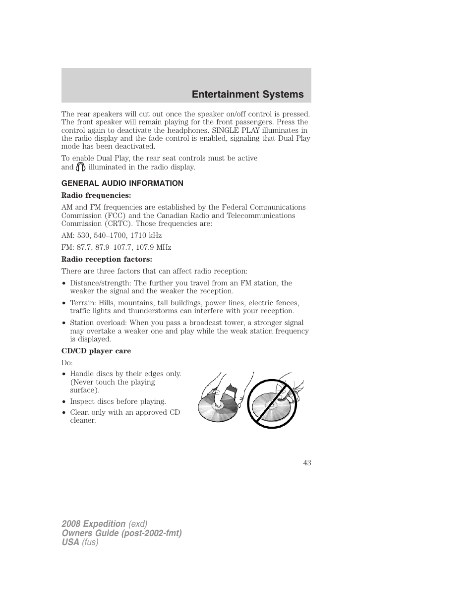 General audio information, Entertainment systems | FORD 2008 Expedition v.1 User Manual | Page 43 / 392