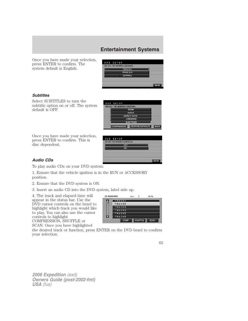 Subtitles, Audio cds, Entertainment systems | FORD 2008 Expedition v.1 User Manual | Page 65 / 392