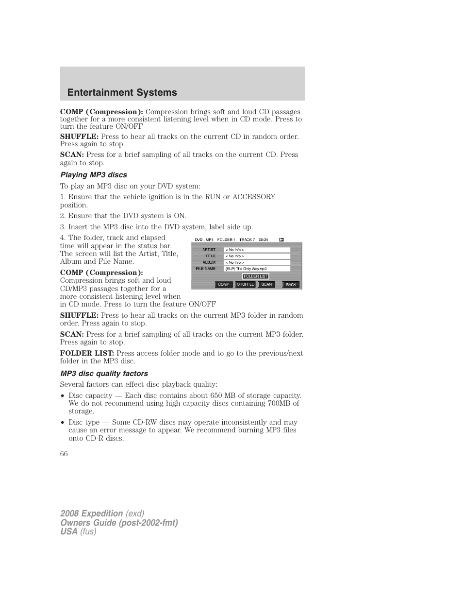 Playing mp3 discs, Mp3 disc quality factors, Entertainment systems | FORD 2008 Expedition v.1 User Manual | Page 66 / 392