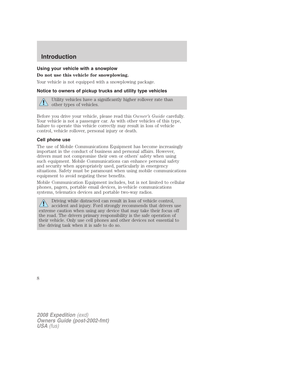 Using your vehicle with a snowplow, Cell phone use, Introduction | FORD 2008 Expedition v.1 User Manual | Page 8 / 392