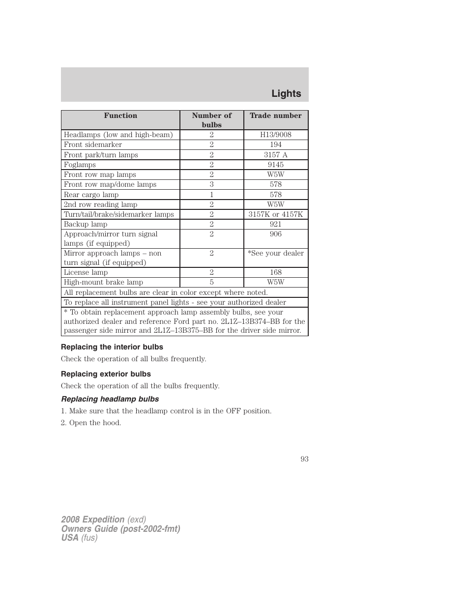 Replacing the interior bulbs, Replacing exterior bulbs, Replacing headlamp bulbs | Lights | FORD 2008 Expedition v.1 User Manual | Page 93 / 392