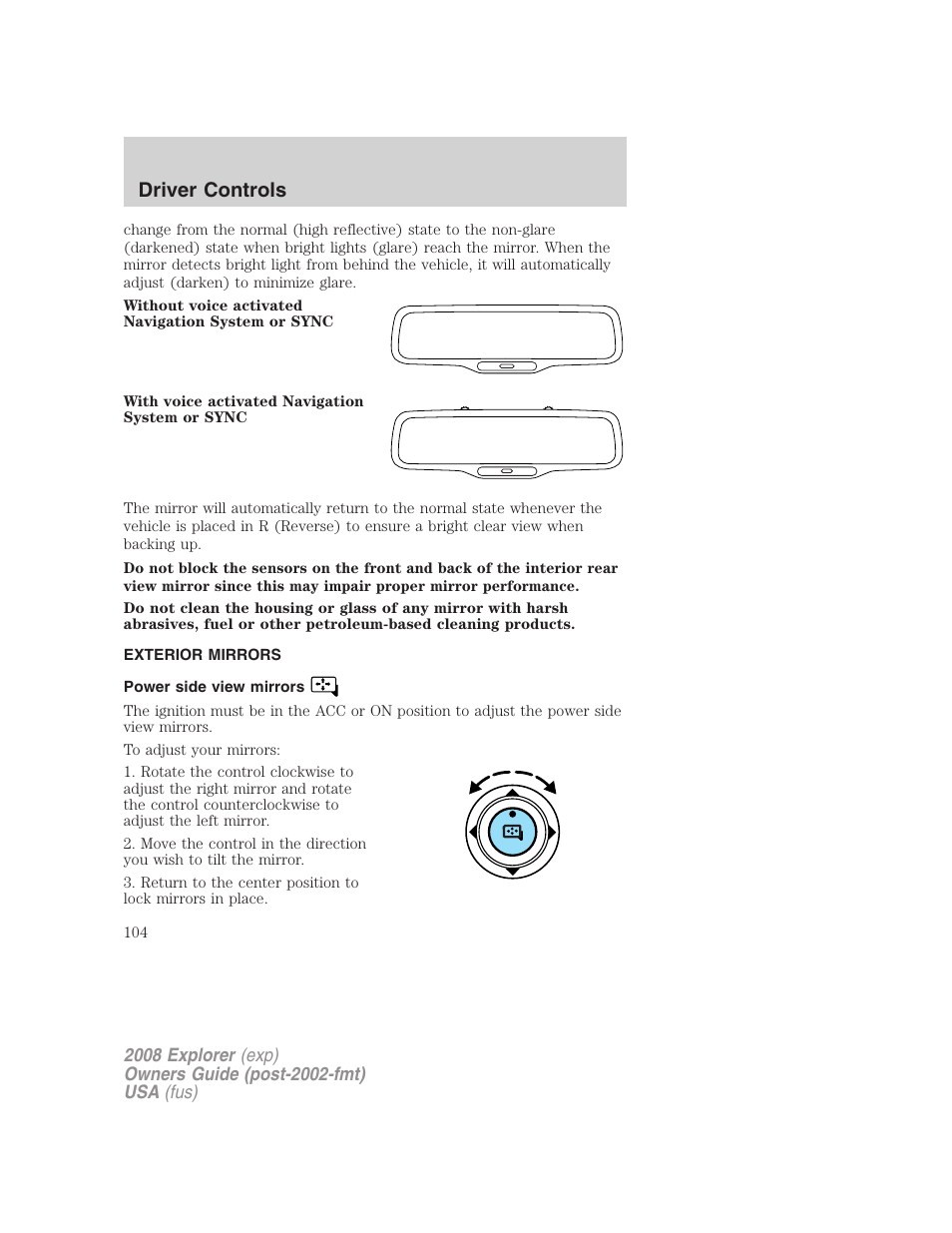 Exterior mirrors, Power side view mirrors, Driver controls | FORD 2008 Explorer v.1 User Manual | Page 104 / 384