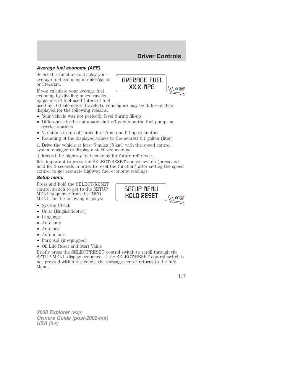 Average fuel economy (afe), Setup menu, Driver controls | FORD 2008 Explorer v.1 User Manual | Page 117 / 384