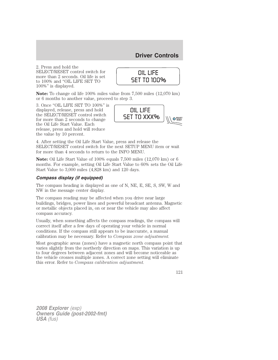 Compass display (if equipped), Driver controls | FORD 2008 Explorer v.1 User Manual | Page 121 / 384