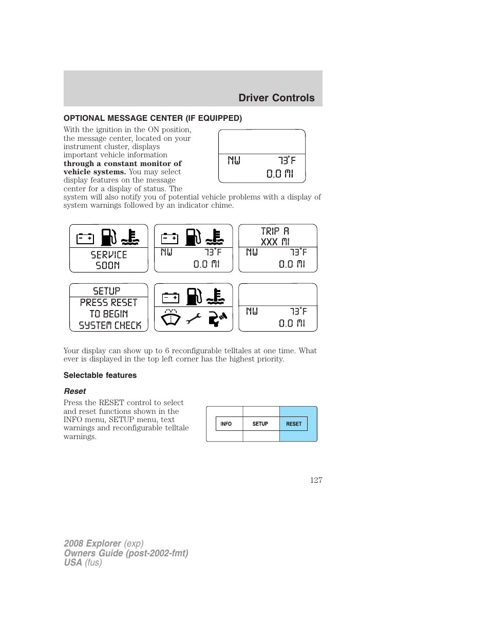 Optional message center (if equipped), Selectable features, Reset | Driver controls | FORD 2008 Explorer v.1 User Manual | Page 127 / 384